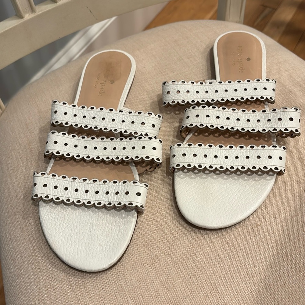 kate spade White Scalloped Triple-Strap Slide Sandals
